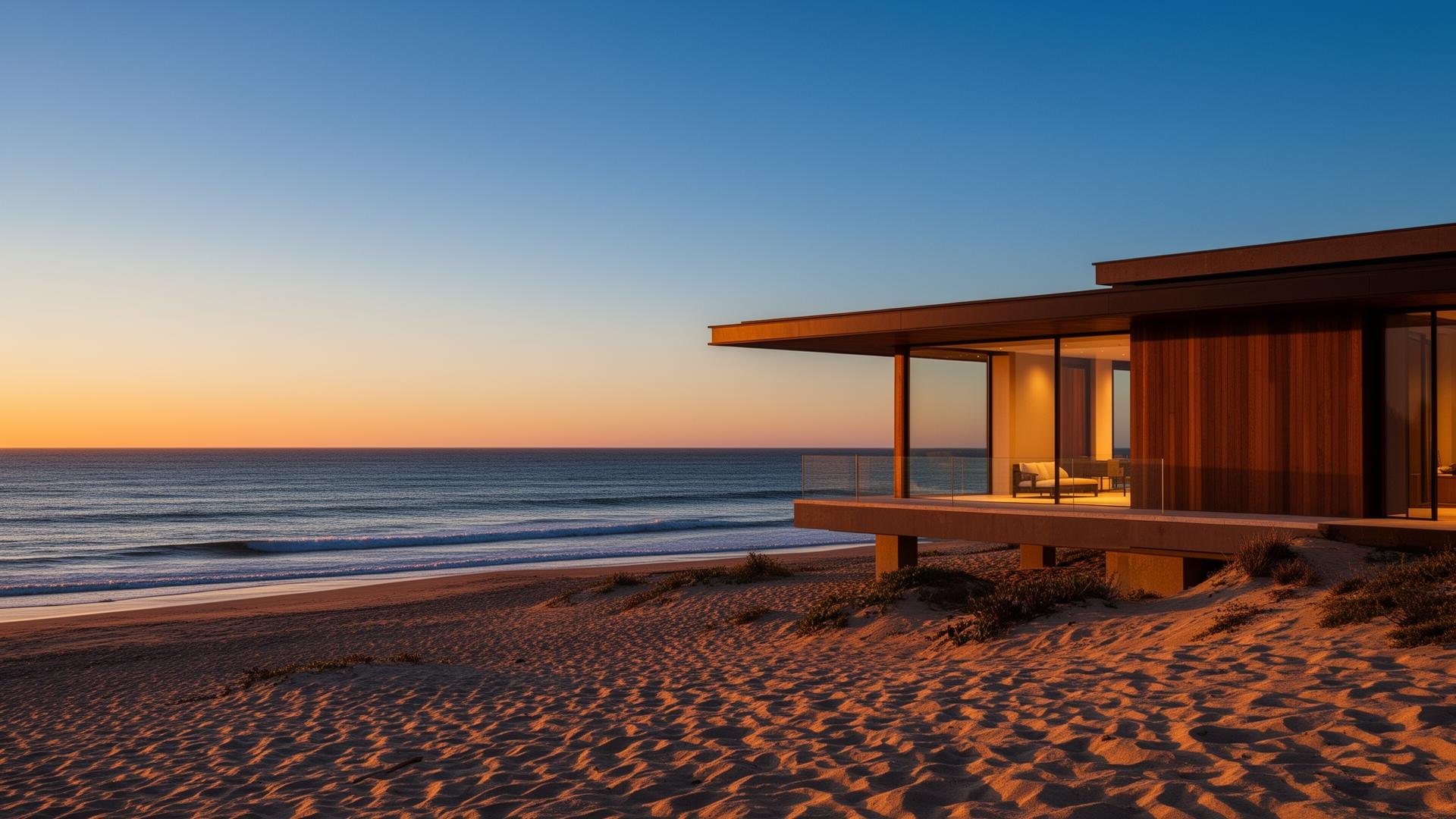 Modern beach house at golden hour